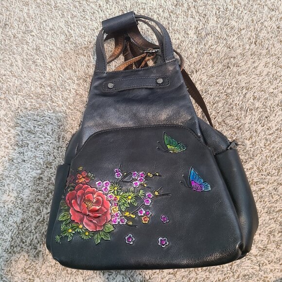 Embossed Cowhide Leather Backpack - Floral & Butterfly Design, Durable and Styli - Picture 1 of 5